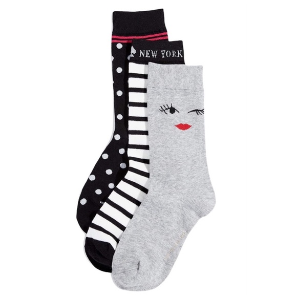 🎊HP 3 Pairs KATE SPADE Gray Black WINK Polka Dot Striped Trouser Crew Socks NIP - Picture 3 of 13